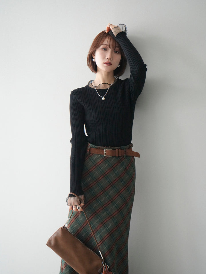 [SET]チュールドッキングリブニットトップス+ベルト付チェック柄ナロースカート(2set)