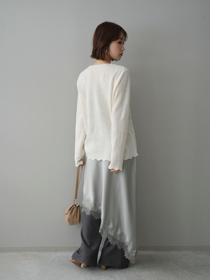 [SET]レースネックジャガードニットカーディガン+センターシームフレアパンツ(2set)