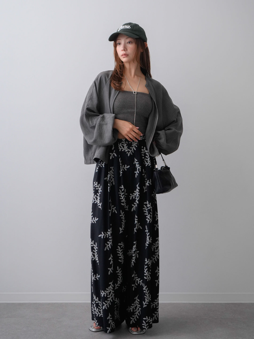 [SET]リネンライクノーカラーブルゾン+リーフプリントタックワイドパンツ(2set)