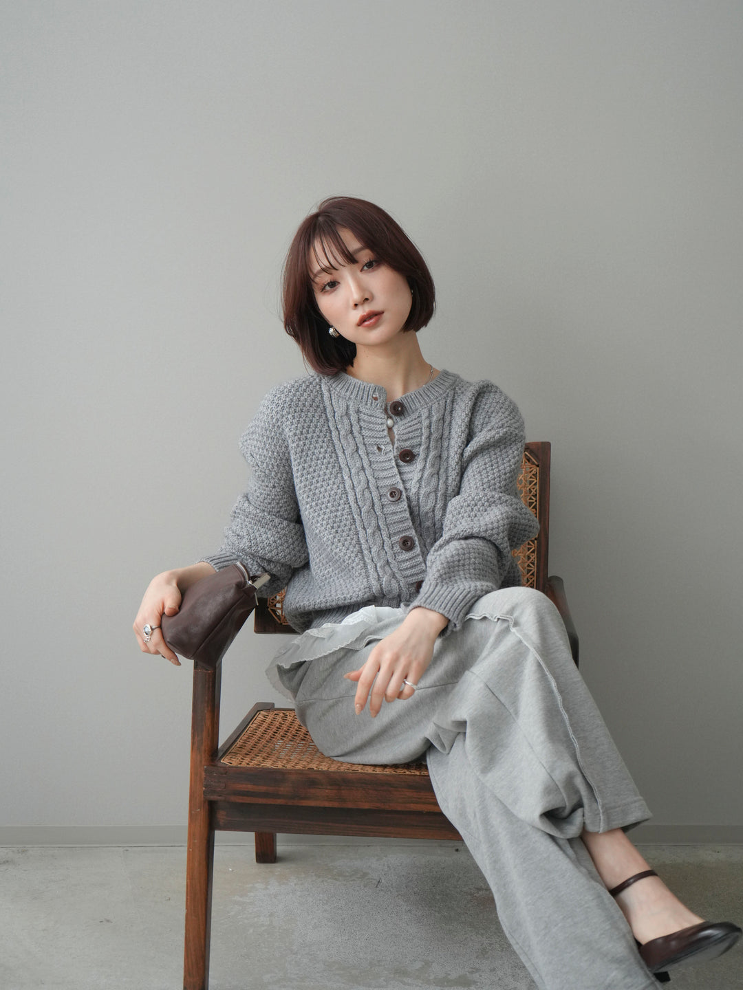 [SET]裾レースケーブルニットカーディガン+2WAYデザインスウェットパンツ(2set)