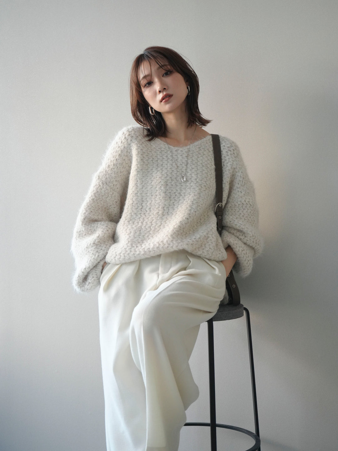 [予約]ウールタッチラメミックスヤーンVネックニットプルオーバー/ivory