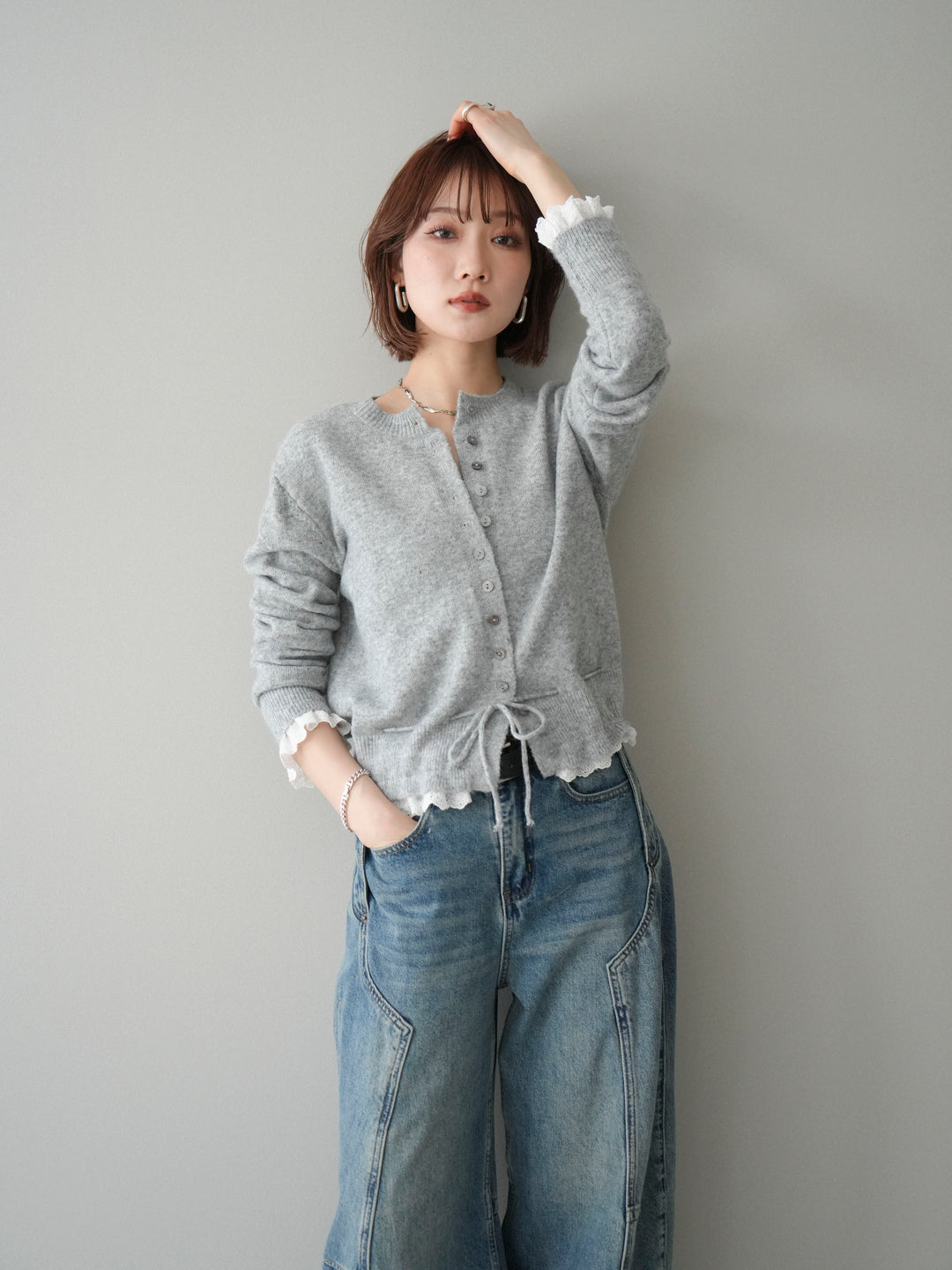 [SET]スカラップレース切り替ニットカーディガン+選べるアクセセット(2set)