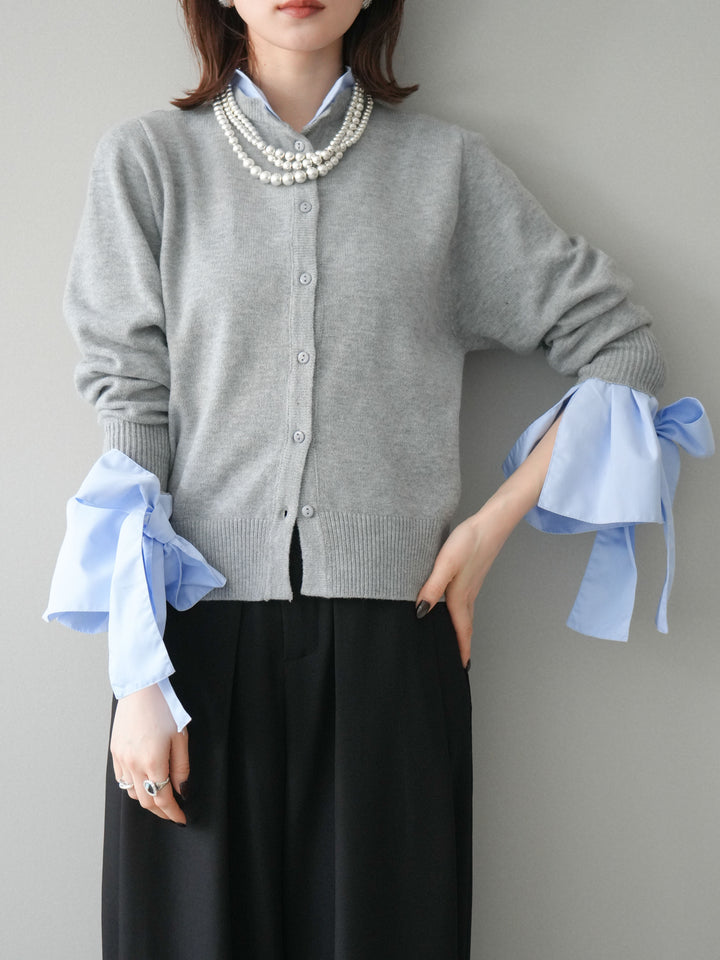 [予約]ウールライクリボンシャツカーディガン/gray