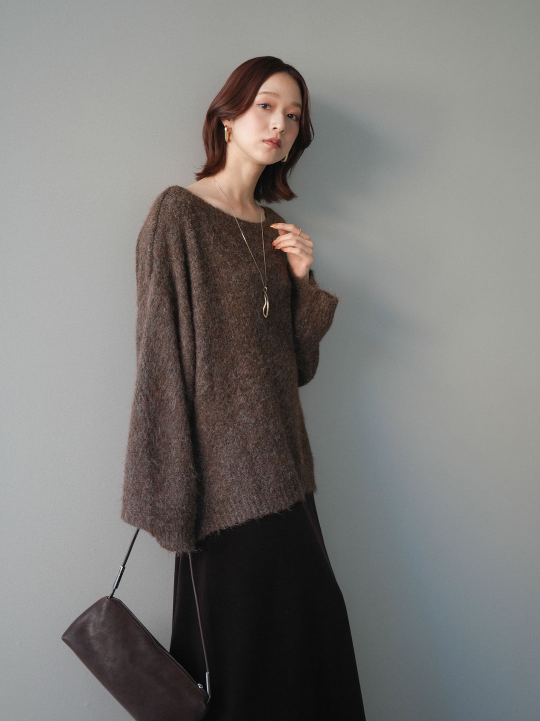 [SET]透かしデザインニットプルオーバー+ベルベットナロースカート(2set)