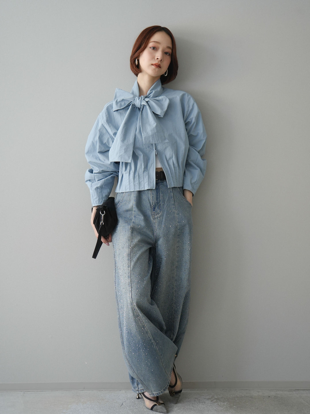 [SET]ボウタイ裾プリーツライトジャケット+フロントビジューカーブデニムパンツ(2set)