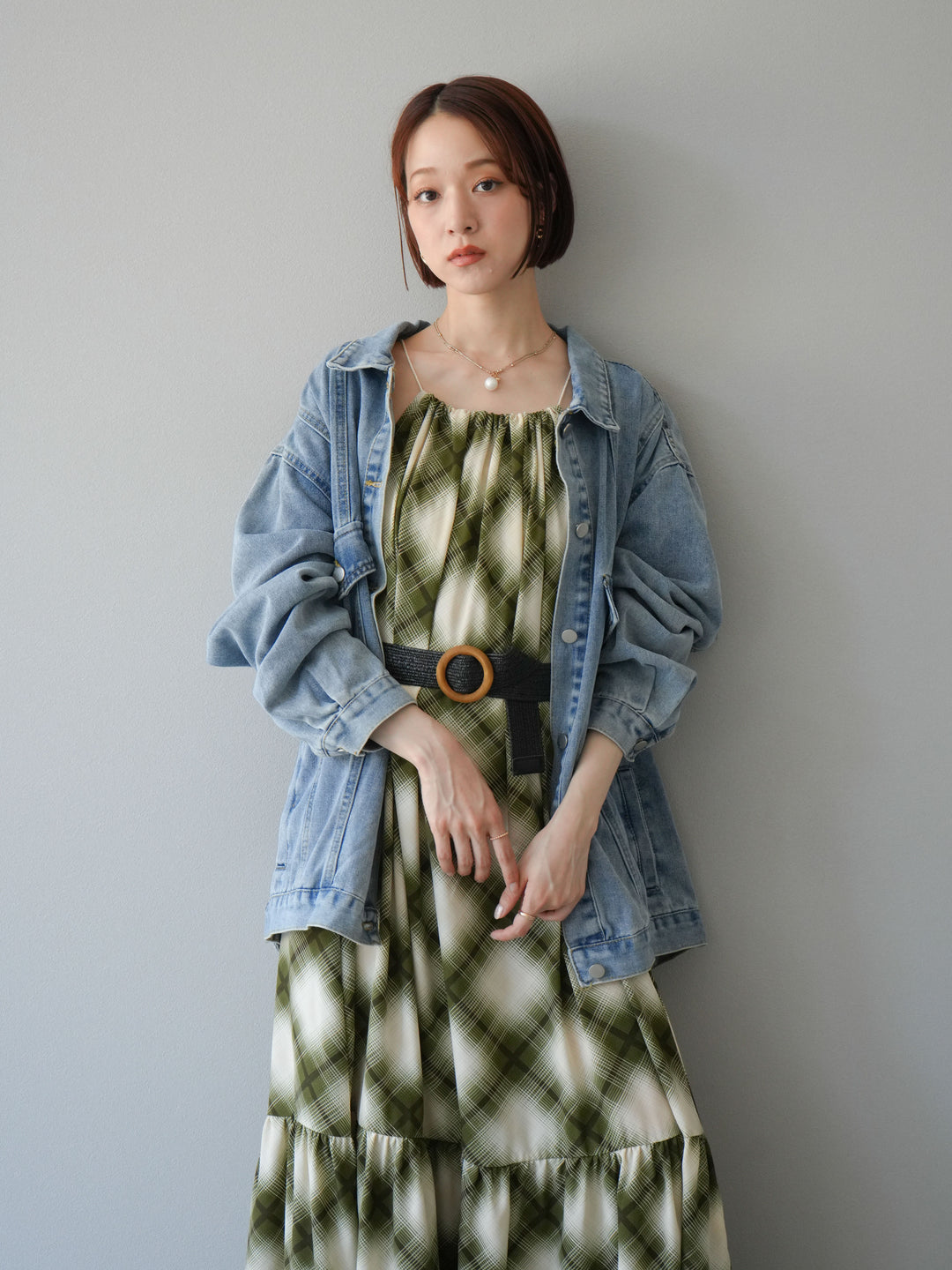 [SET]ベルト付チェックノースリーブワンピース+ビンテージデザインBIGデニムジャケット(2set)