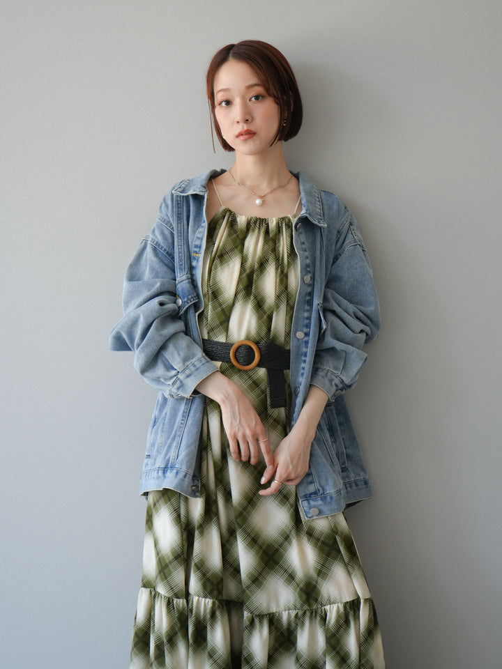 [SET]ベルト付チェックノースリーブワンピース+ビンテージデザインBIGデニムジャケット(2set)