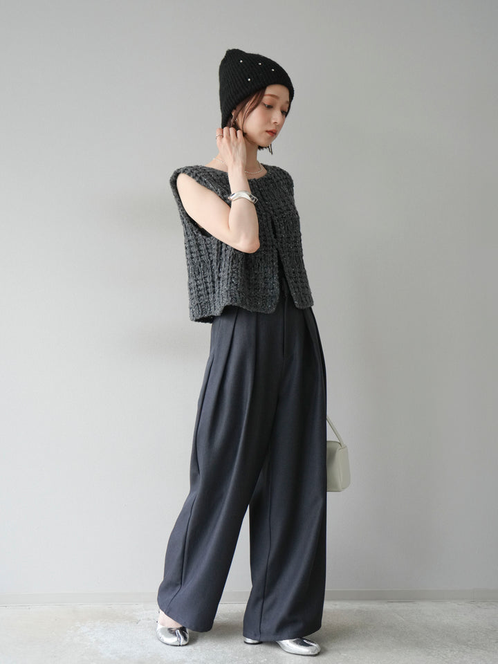 [予約]レザーパイピングタックワイドパンツ/グレー