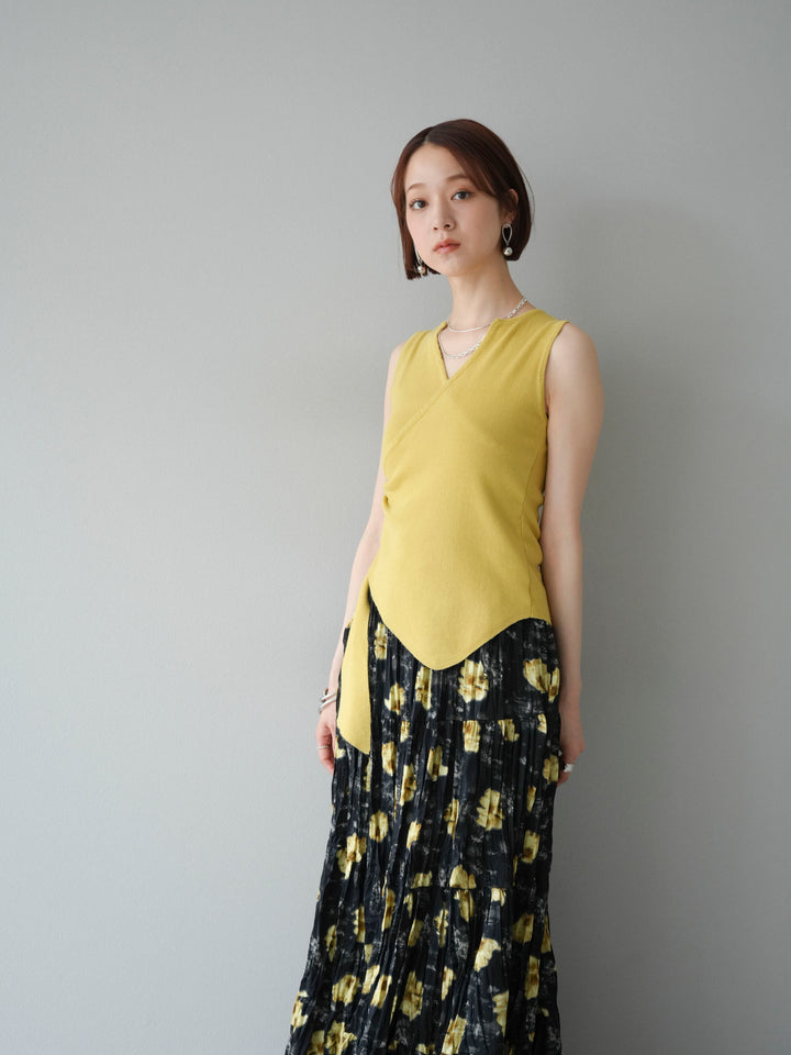 [SET]カシュクールノースリーブニットトップス+フラワーワッシャーロングスカート(2set)