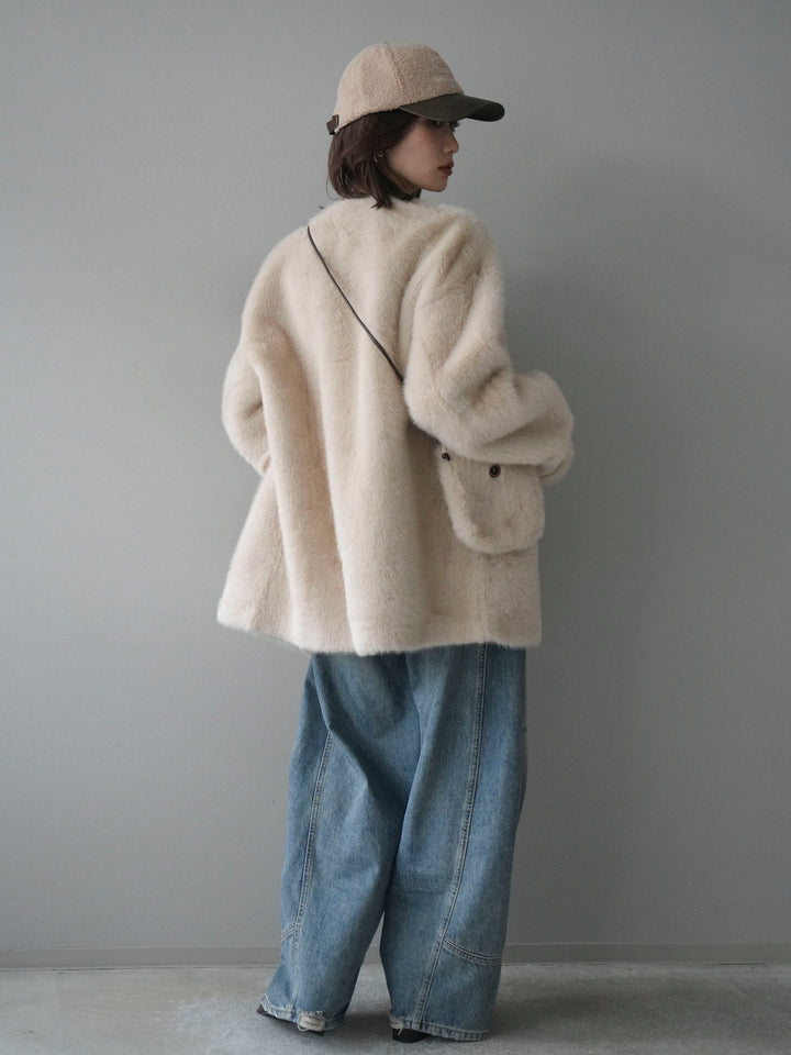 [SET]バッグ付エコファーノーカラーコート+ベルト付カーブデニムパンツ(2set)