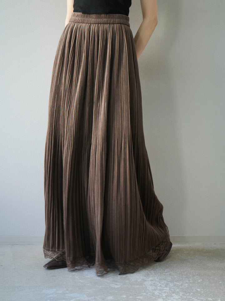 【預購】蕾絲襯裡麂皮褶皺長裙/棕色