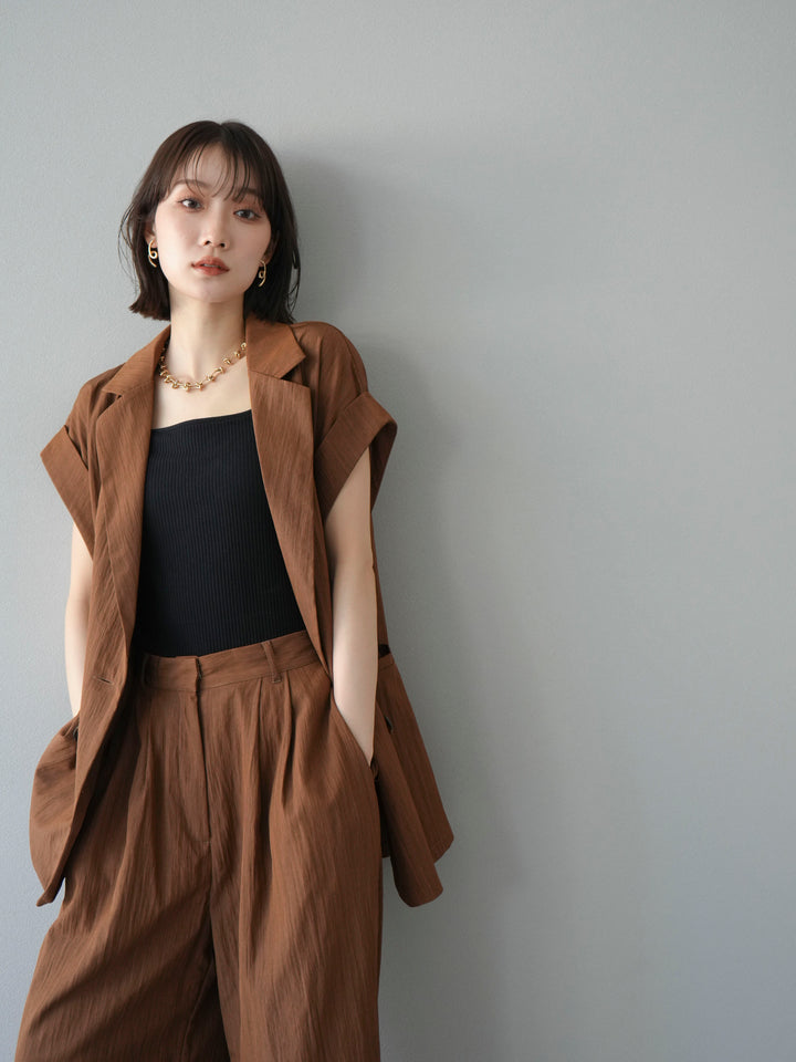 [套裝] 亞麻風格無袖雙背心 + 雙肩帶剪裁羅紋胸罩吊帶背心（2 件套）