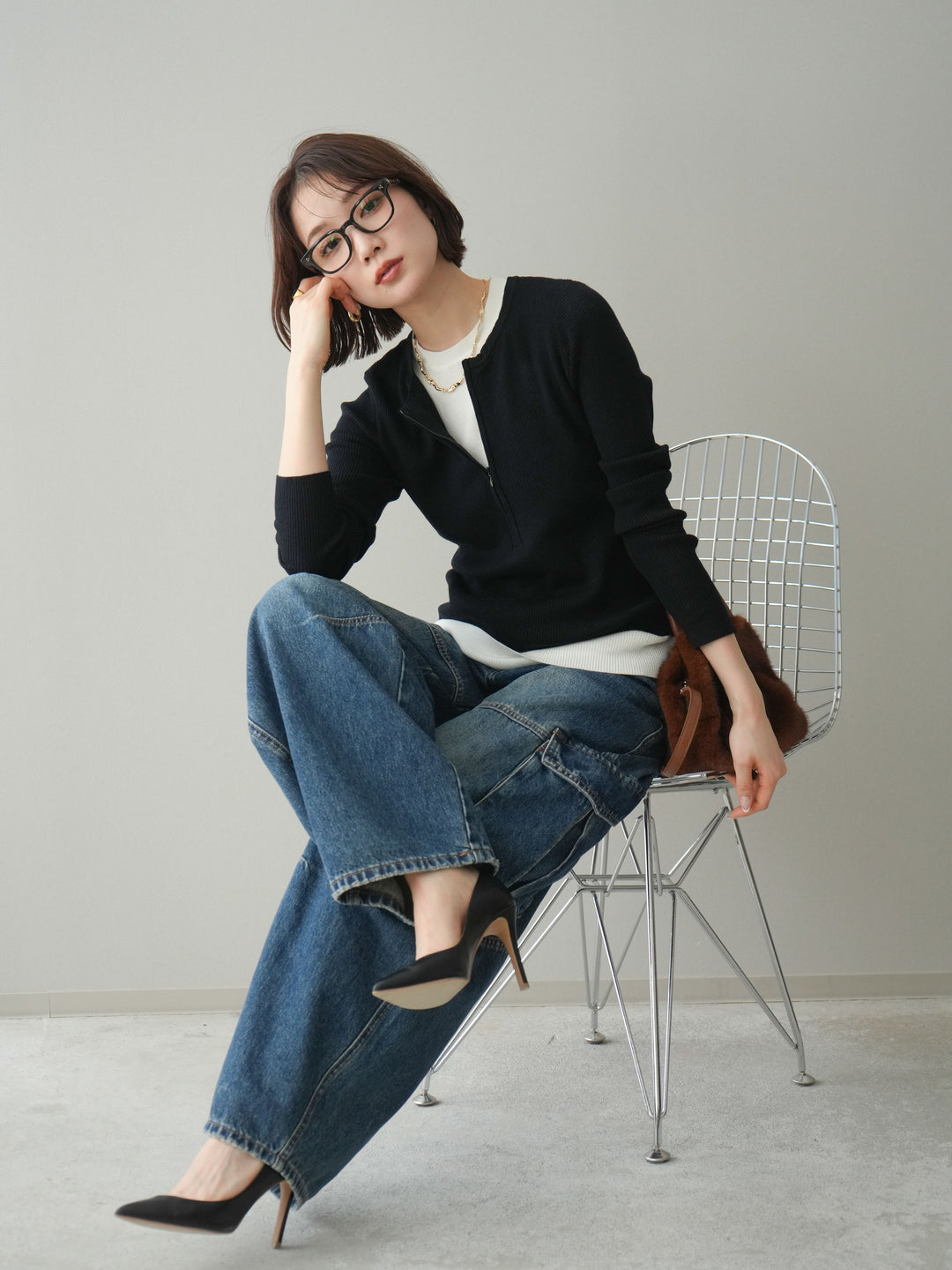 [予約]フロントジップ配色レイヤードニットトップス/navy