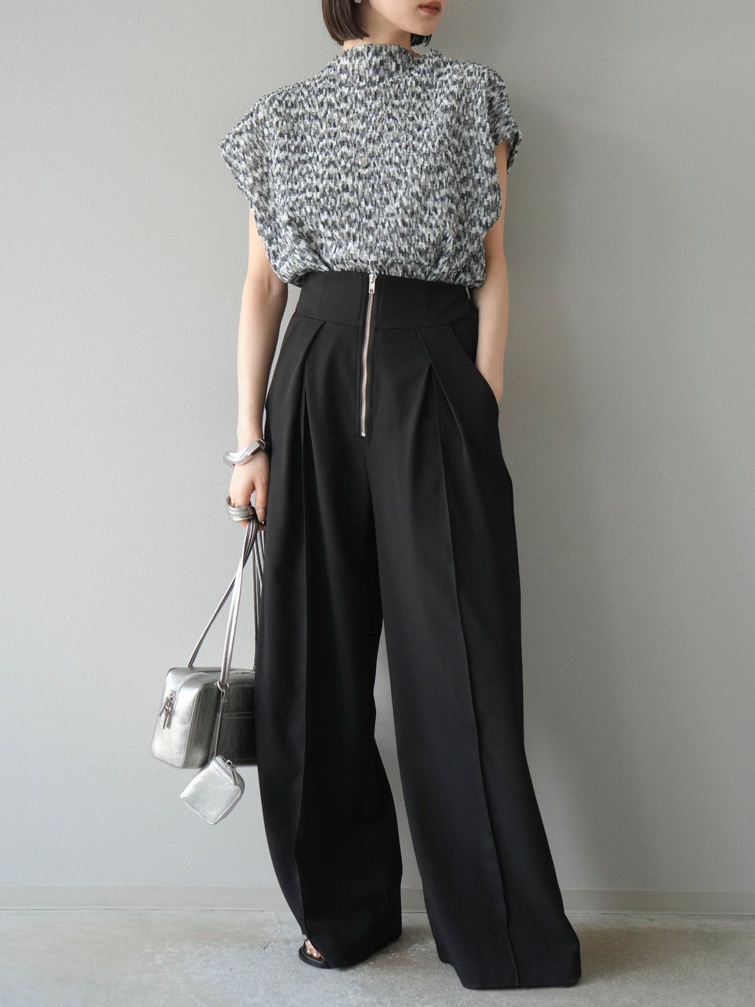 [SET] 多色隨機百褶法式上衣+拉鍊褶襉寬褲（2件套）