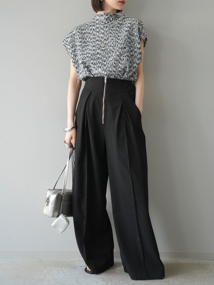 [SET] 多色隨機百褶法式上衣+拉鍊褶襉寬褲（2件套）