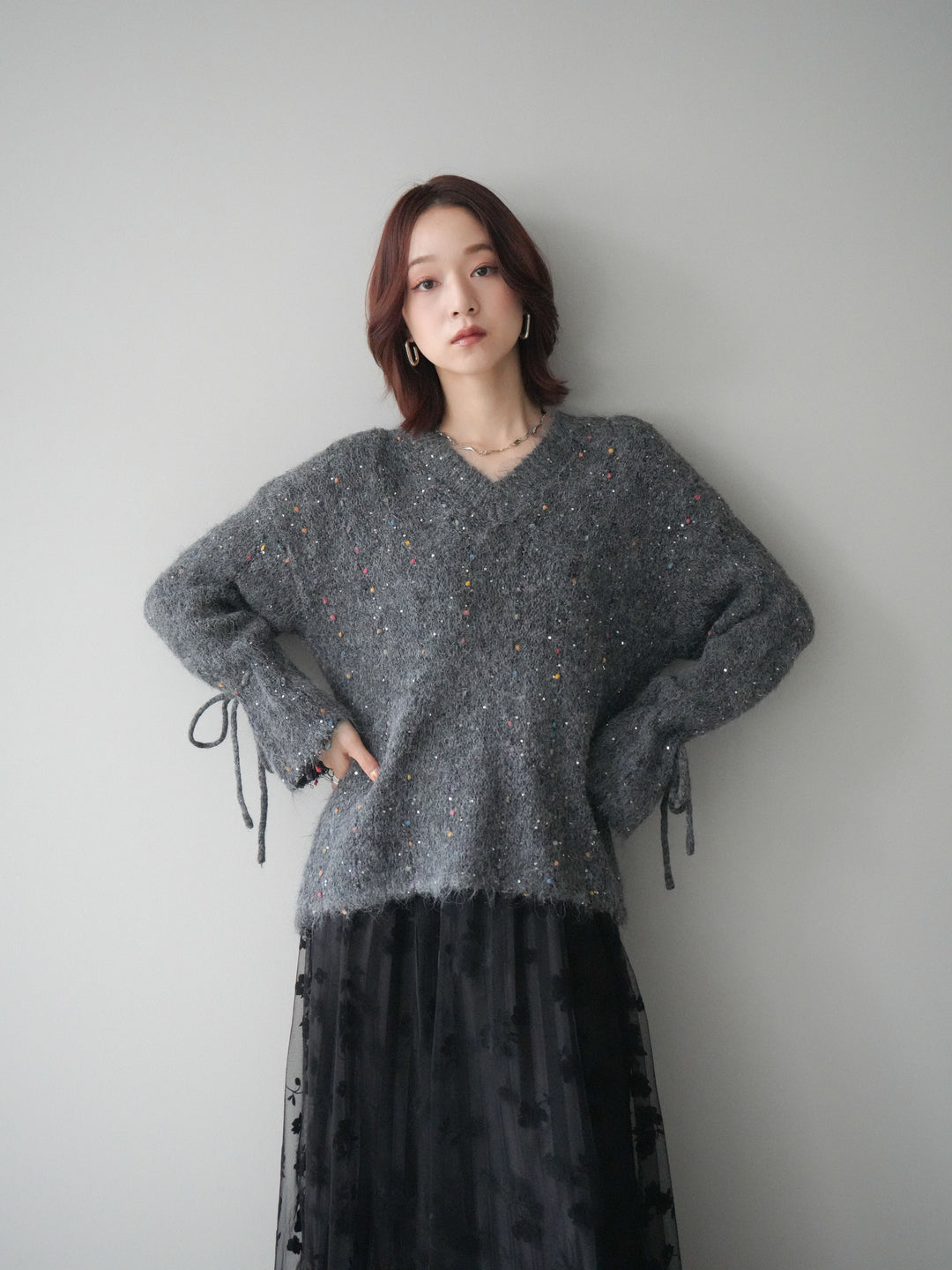 [SET]キャンディースリーブカラーネップスパンコールニットプルオーバー+フラワーフロッキーチュールプリーツスカート(2set)