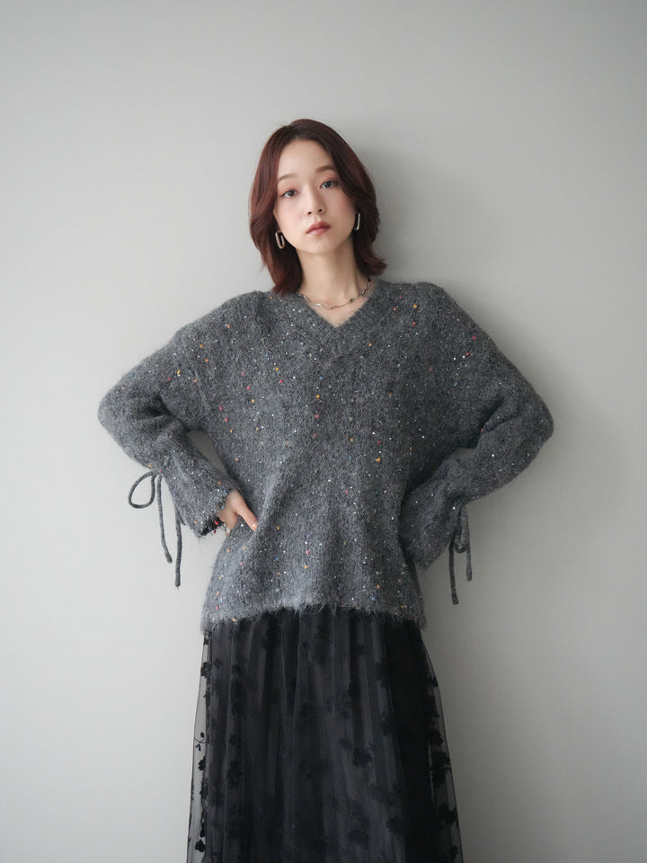 [SET]キャンディースリーブカラーネップスパンコールニットプルオーバー+フラワーフロッキーチュールプリーツスカート(2set)