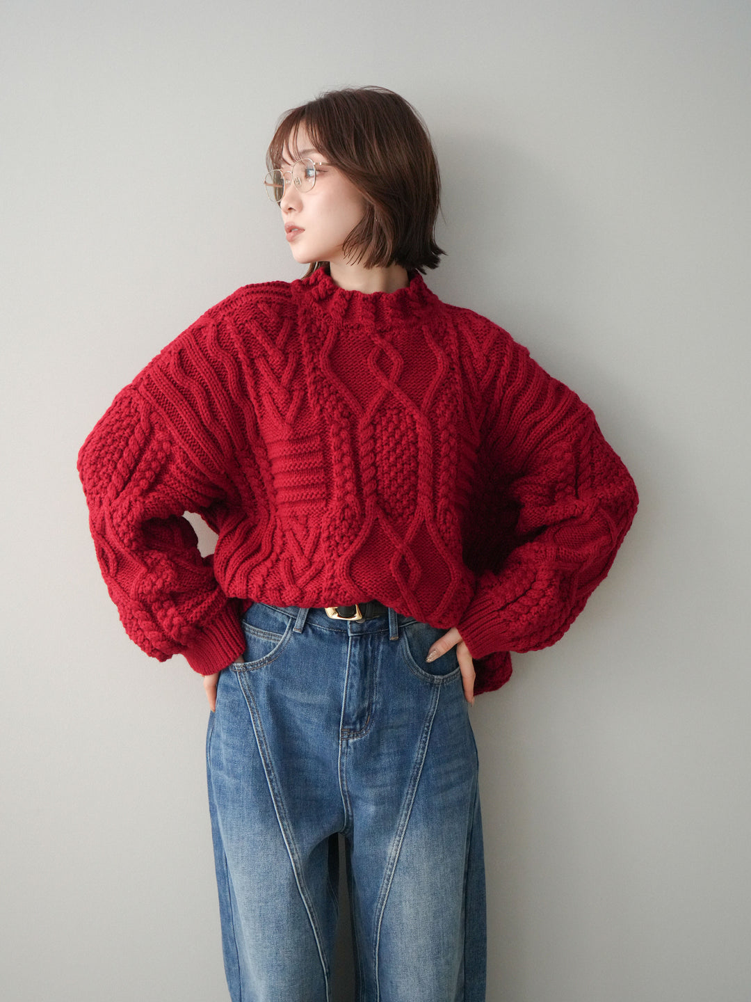 [予約]ケーブル編みモックネックニットプルオーバー/red