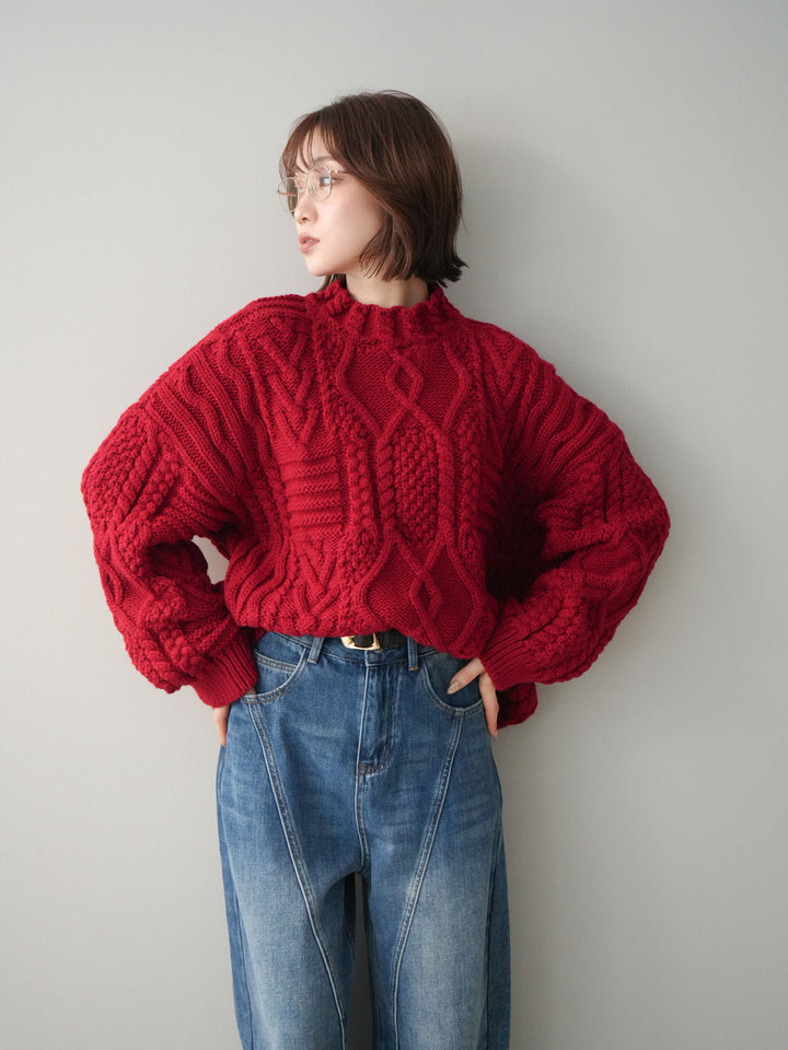 [予約]ケーブル編みモックネックニットプルオーバー/red