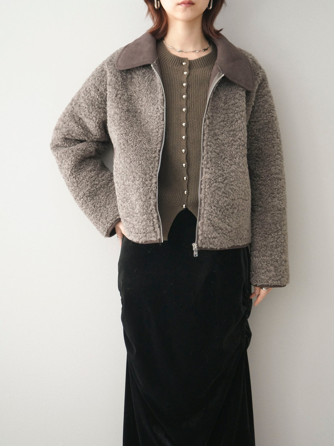 [予約]スエード襟ボアショートジャケット/brown