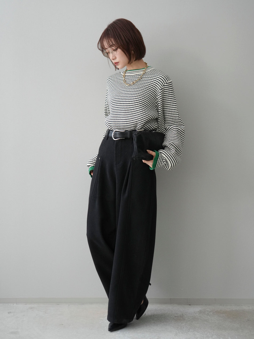 [予約]ラメ異素材ボーダーリブニットプルオーバー/off×green