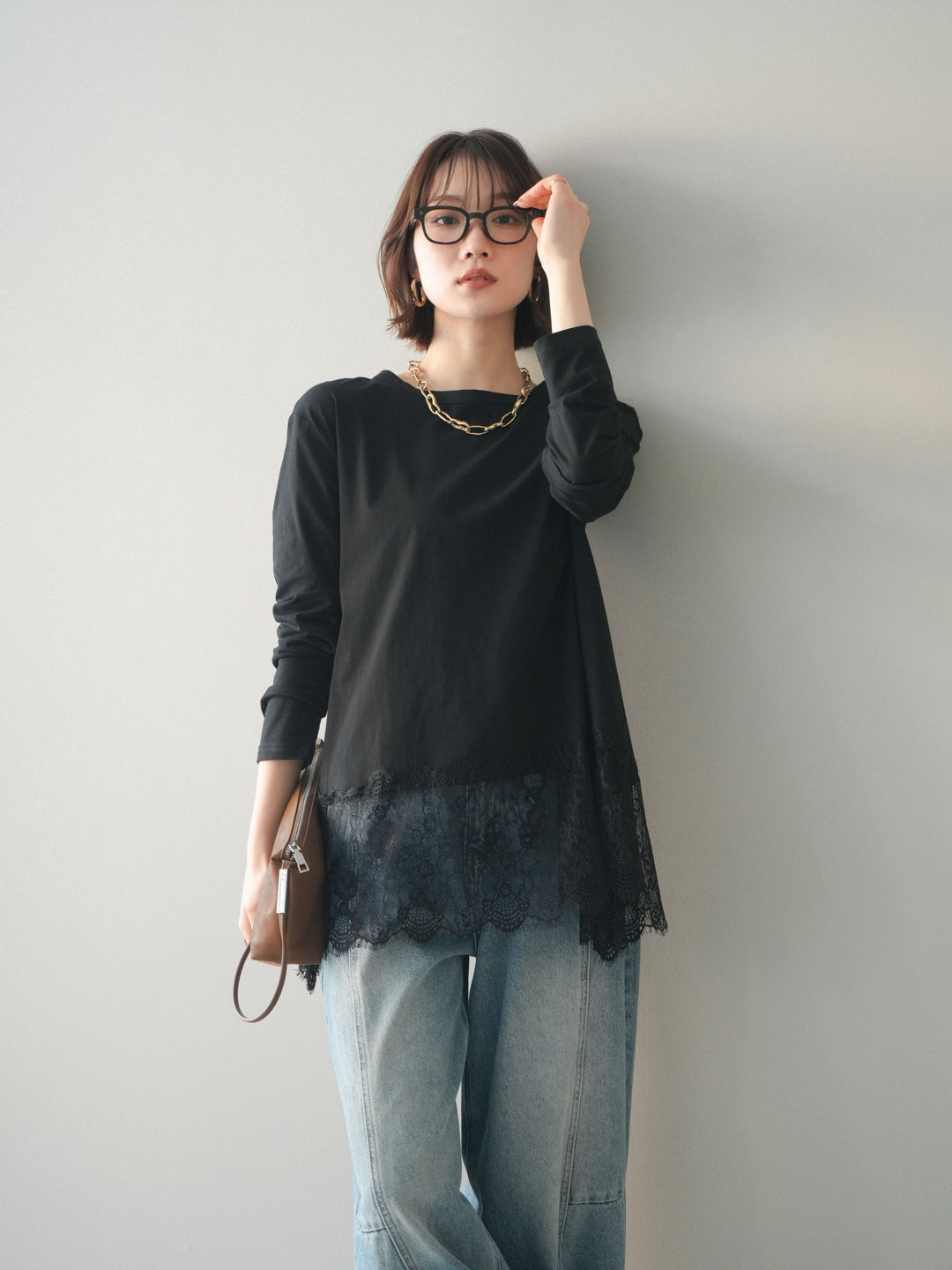 [SET]裾レースロングスリーブTシャツ+選べるアクセセット(2set)
