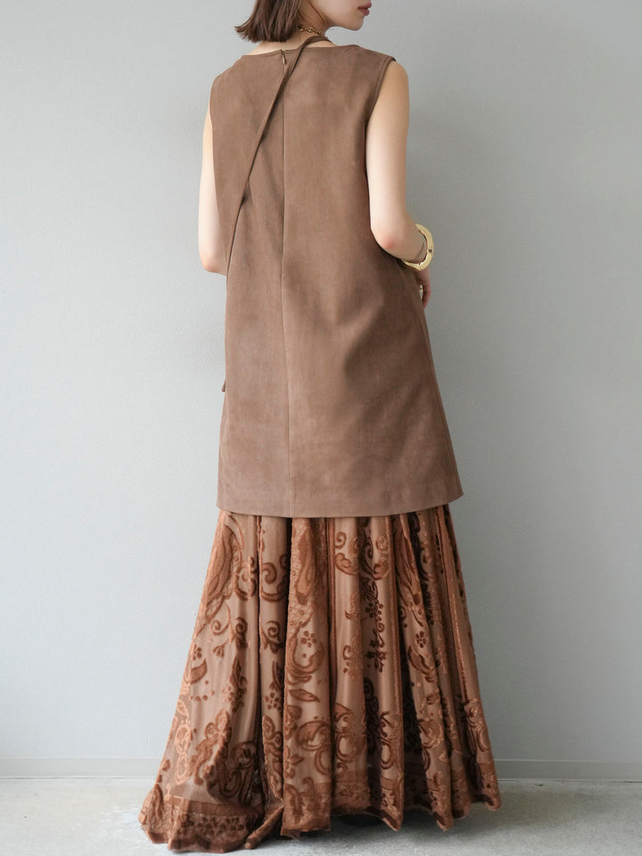 [予約]アンティーク柄フロッキーマキシスカート/ブラウン
