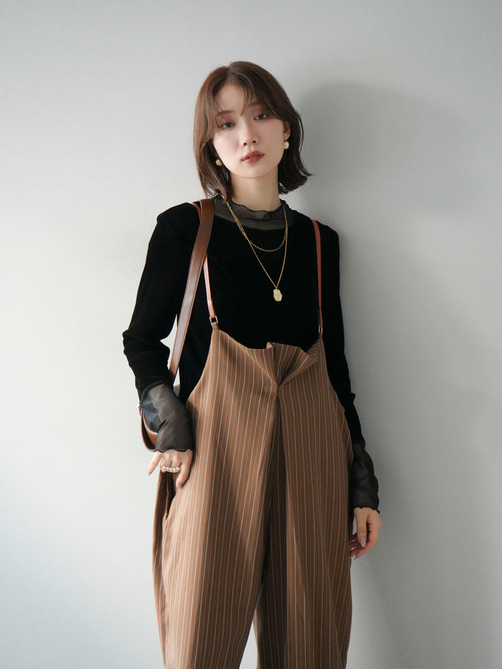 【着回しセット】[SET]ヘリンボーンストライプジレ+シアー切替ベロアトップス+ヘリンボーンストライプサロペット(3set)