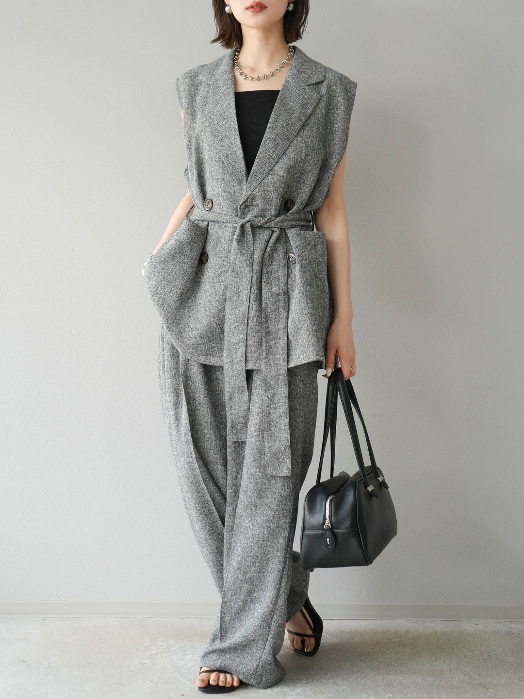 [預購] 混合粗花呢褶襉褲/黑色