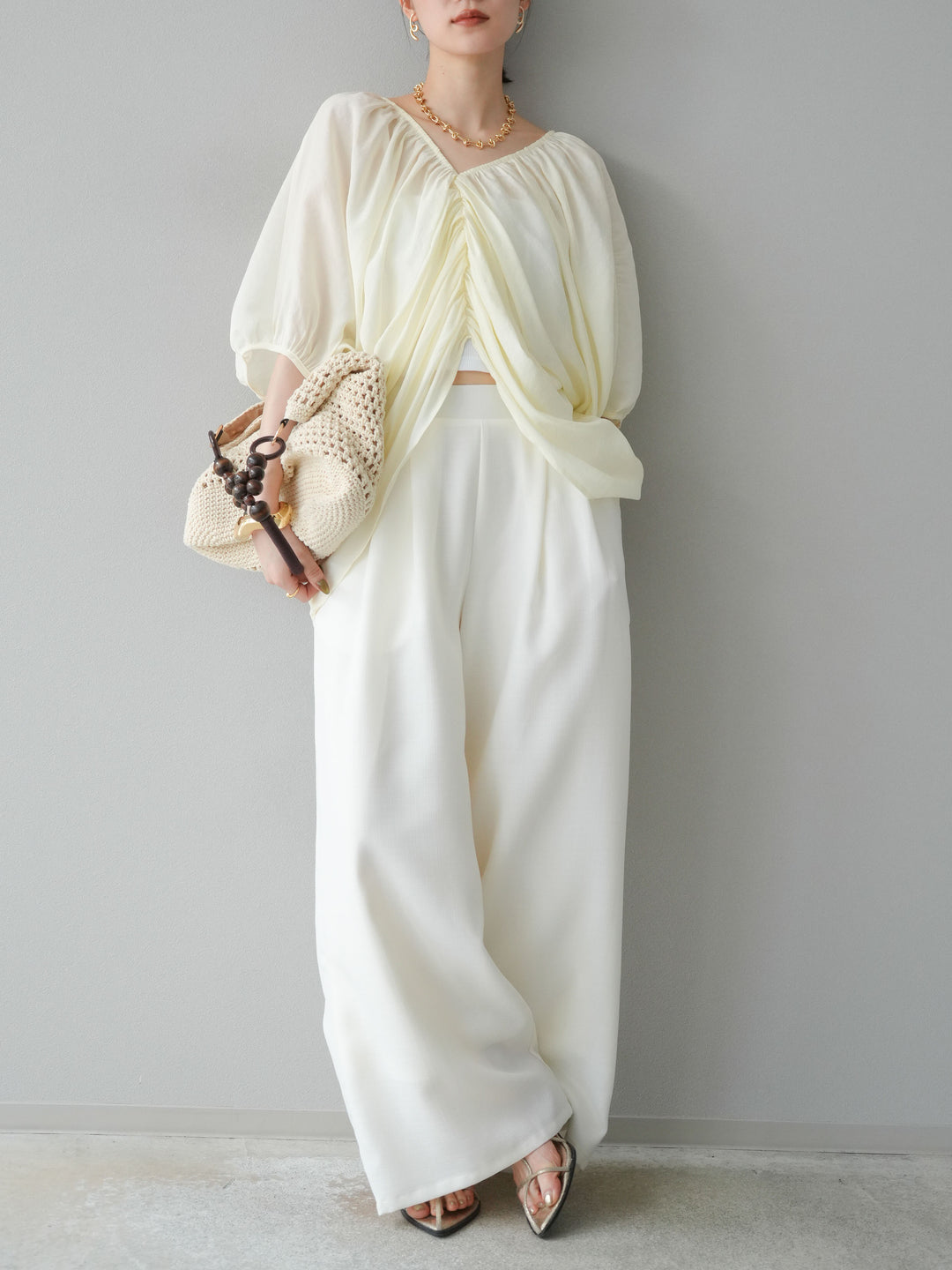 [SET]ボリュームスリーブシアータックブラウス+リネンライクイージーワイドパンツ(2set)