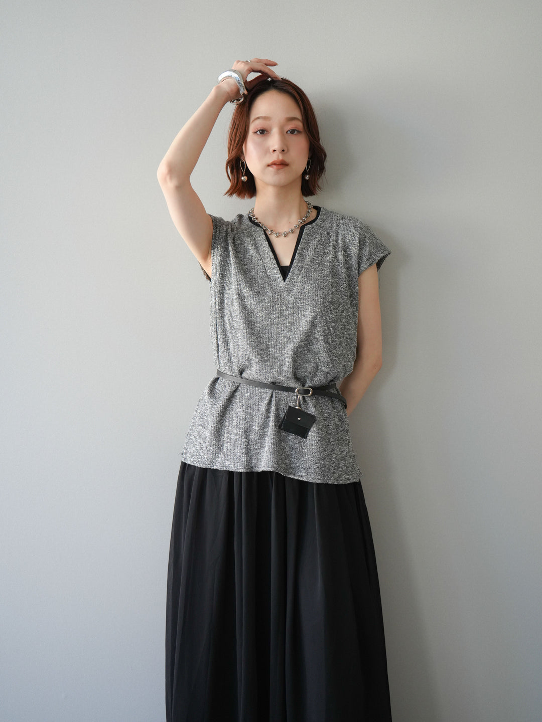 [予約]ベルト付シフォンコンビジャージワンピース/black