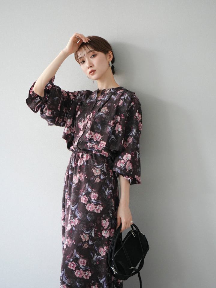 [予約]フラワーフリルブラウス/ブラウン