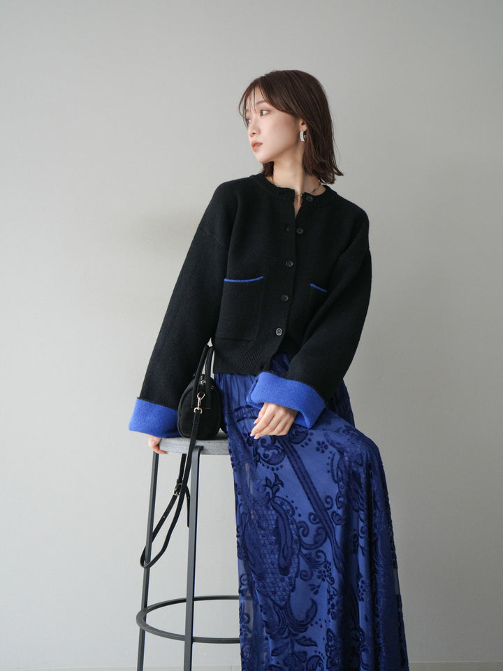 [SET]バイカラーオーバーニットカーディガン+アンティーク柄フロッキーマキシスカート(2set)