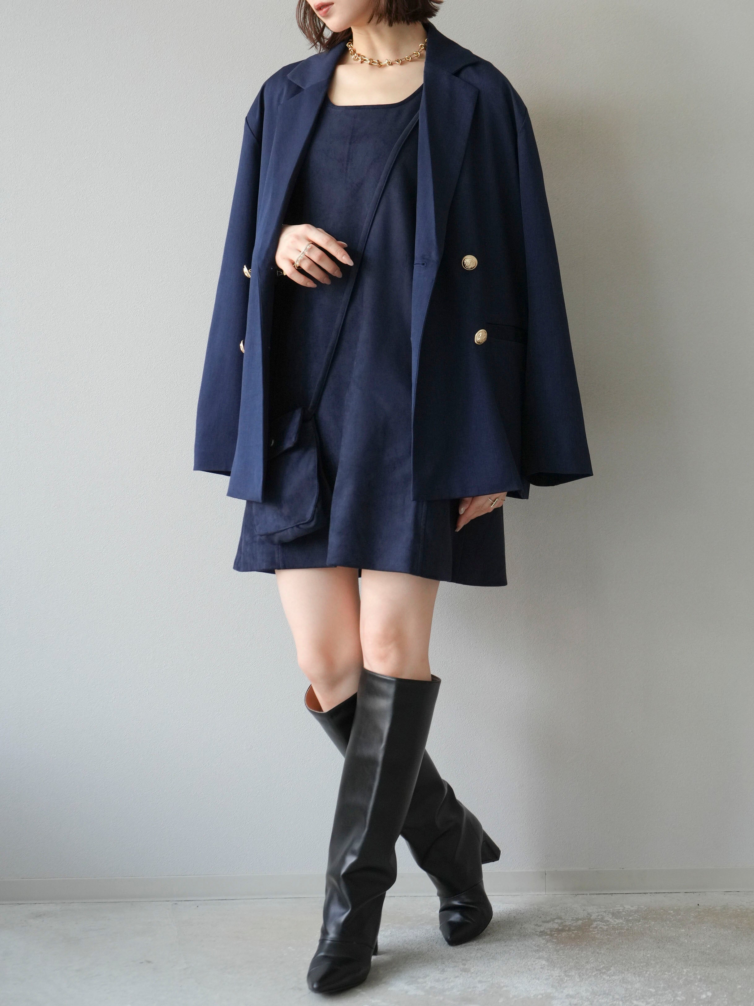 Lumier ダブルテーラードジャケット+スウェードミニワンピース(2SET) SET]ゴールドボタンツイルダブルテーラードジャケット+ショルダー