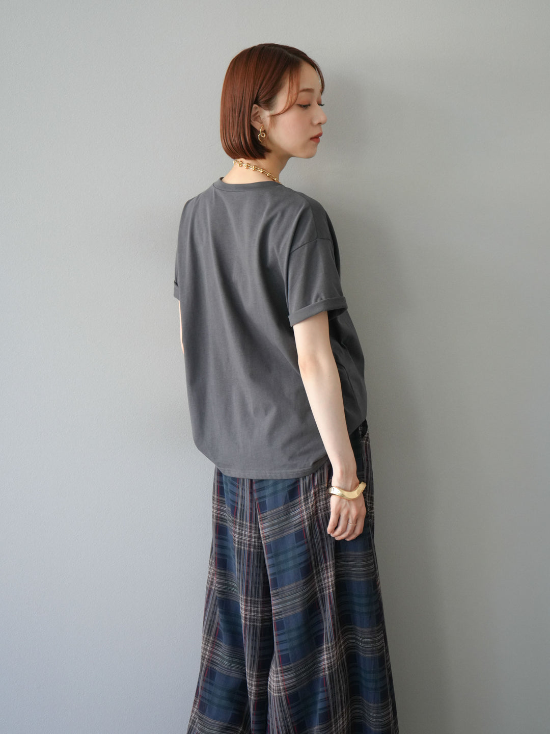 [SET] 薄紗層疊印花T卹 + 透視格紋寬鬆褲 (2件套)