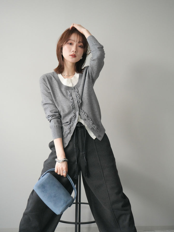 [予約]配色レイヤードフリルデザインニットカーディガン/gray