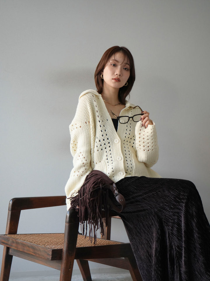[予約]丸襟透かし編みニットカーディガン/オフ