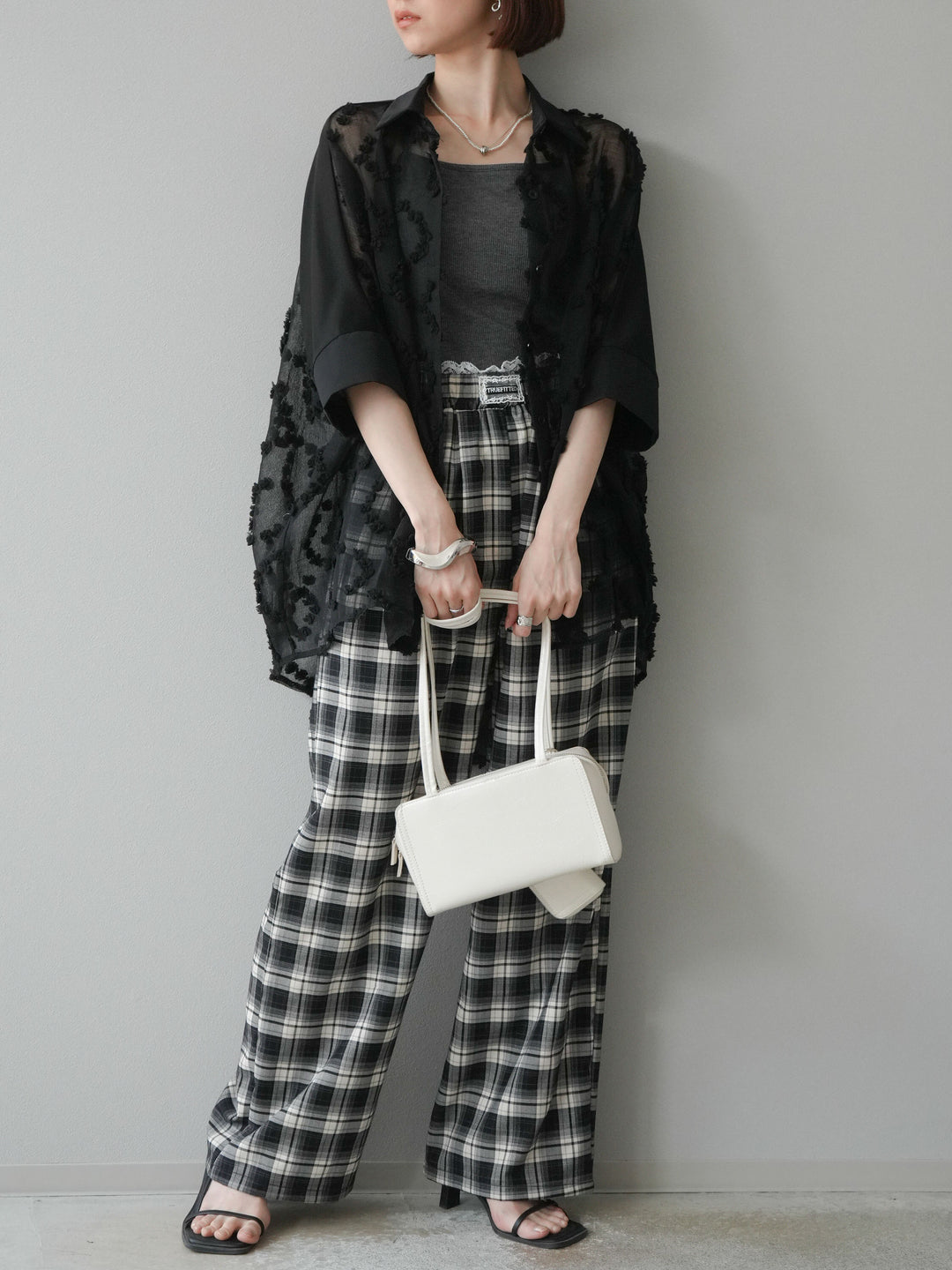 [預購] 混合材質透視半身襯衫/黑色