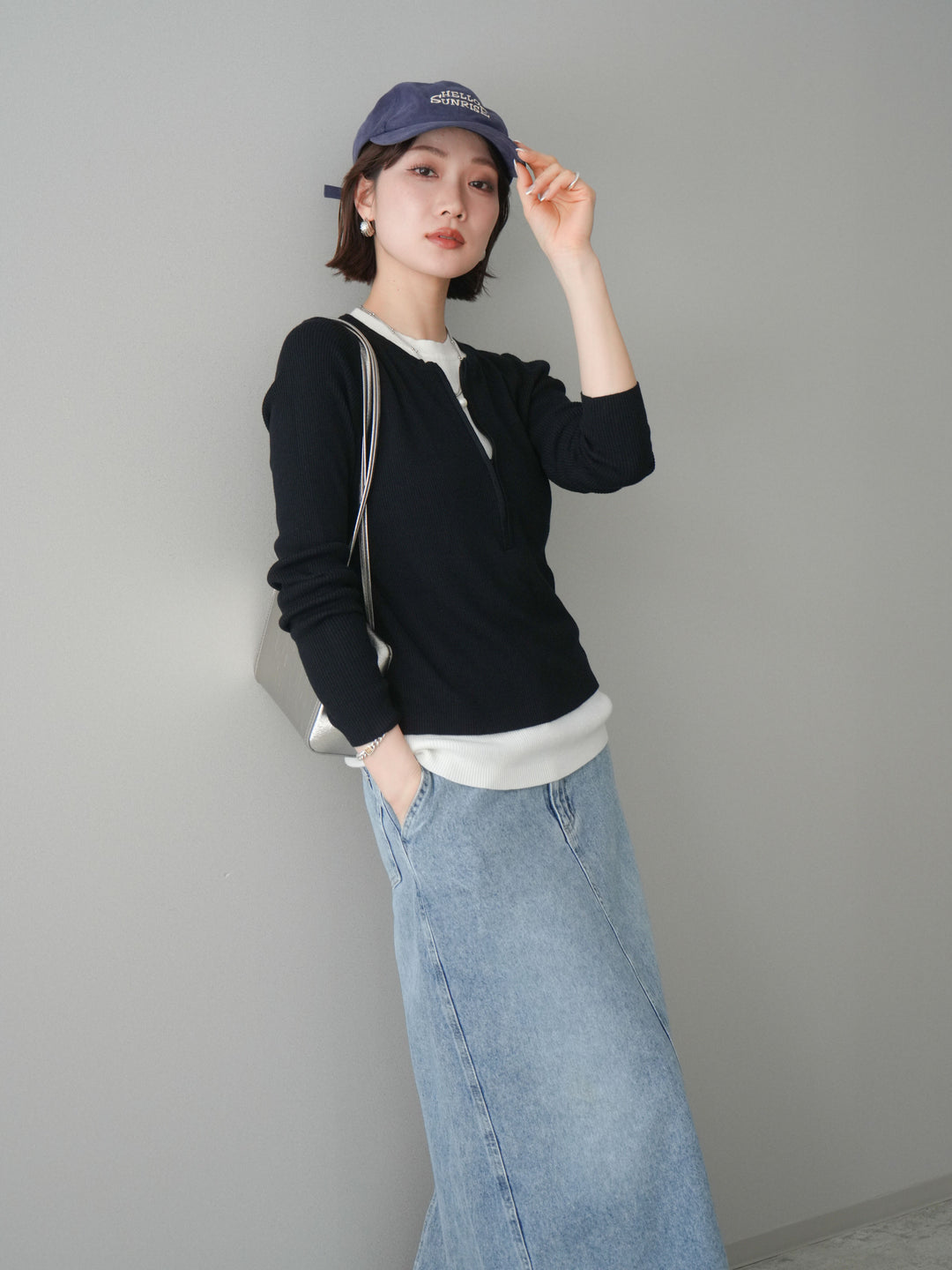 [予約]フロントジップ配色レイヤードニットトップス/navy