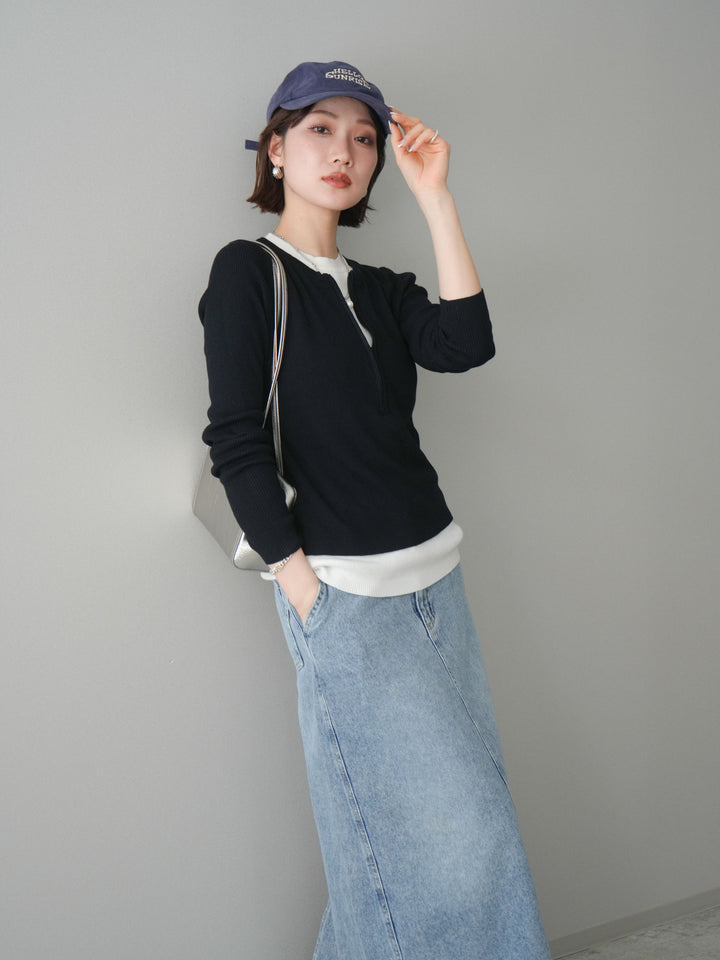 [予約]フロントジップ配色レイヤードニットトップス/navy