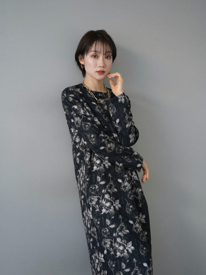 [Pre-order] Flower Print Narrow Long Dress/Black