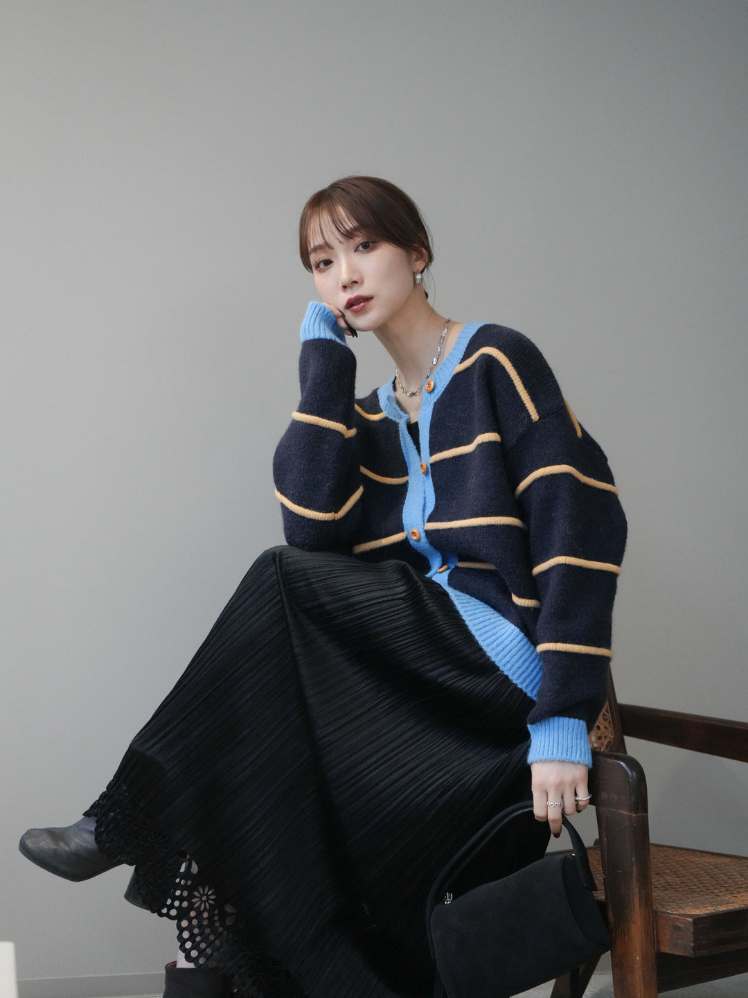 [予約]配色ボーダーニットカーディガン/navy