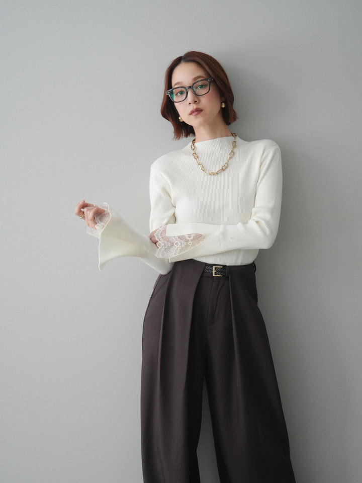 [SET]袖スカラップレースオフネックニットトップス+選べるアクセセット(2set)