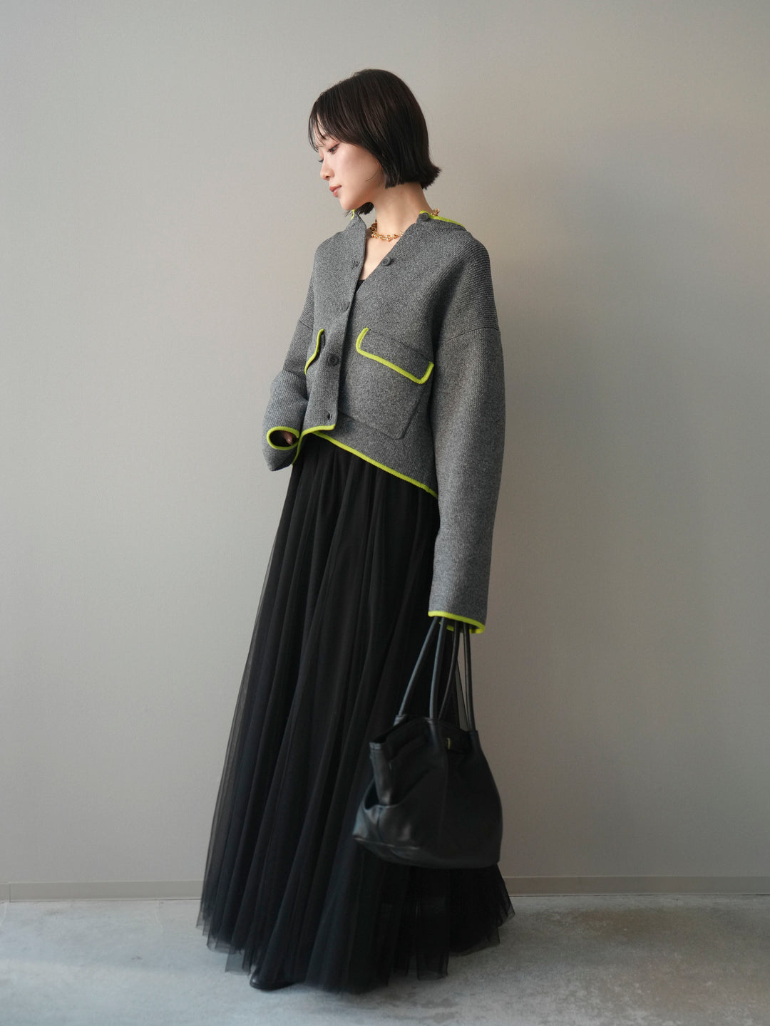 [SET]ポリエステル配色ニットカーディガン+チュールボリュームスカート(2set)