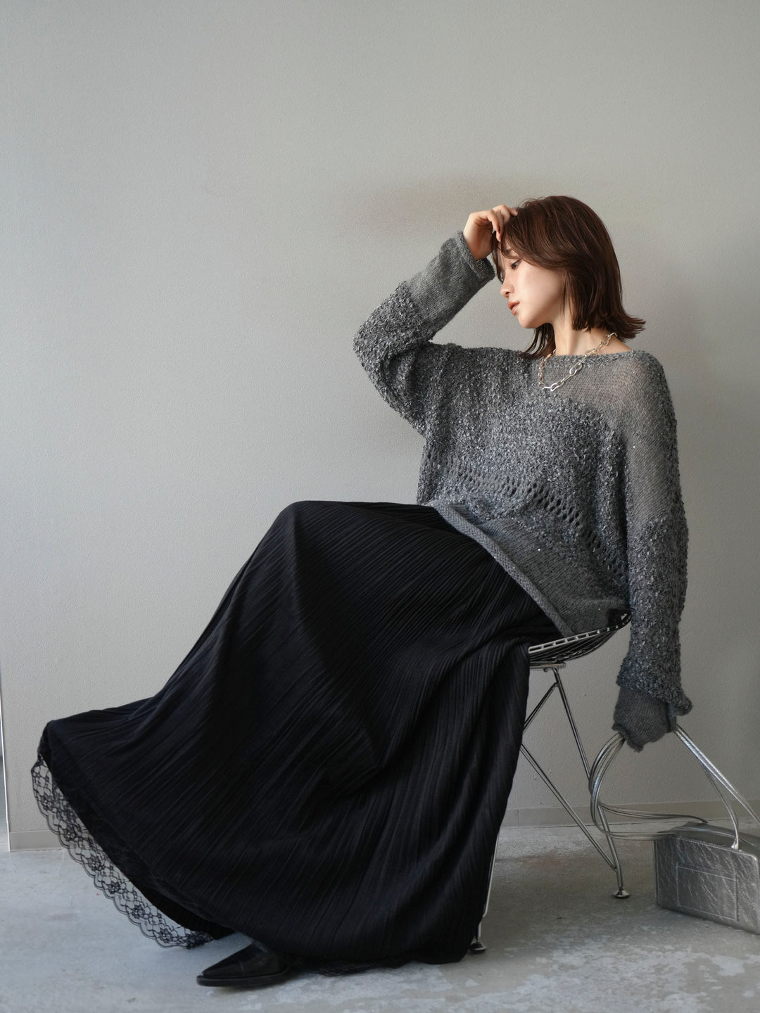 [予約]ミックスヤーンデザイン編みメッシュニットプルオーバー/グレー