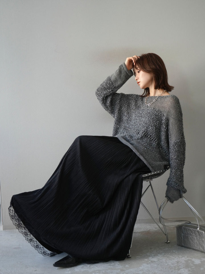 [予約]ミックスヤーンデザイン編みメッシュニットプルオーバー/グレー