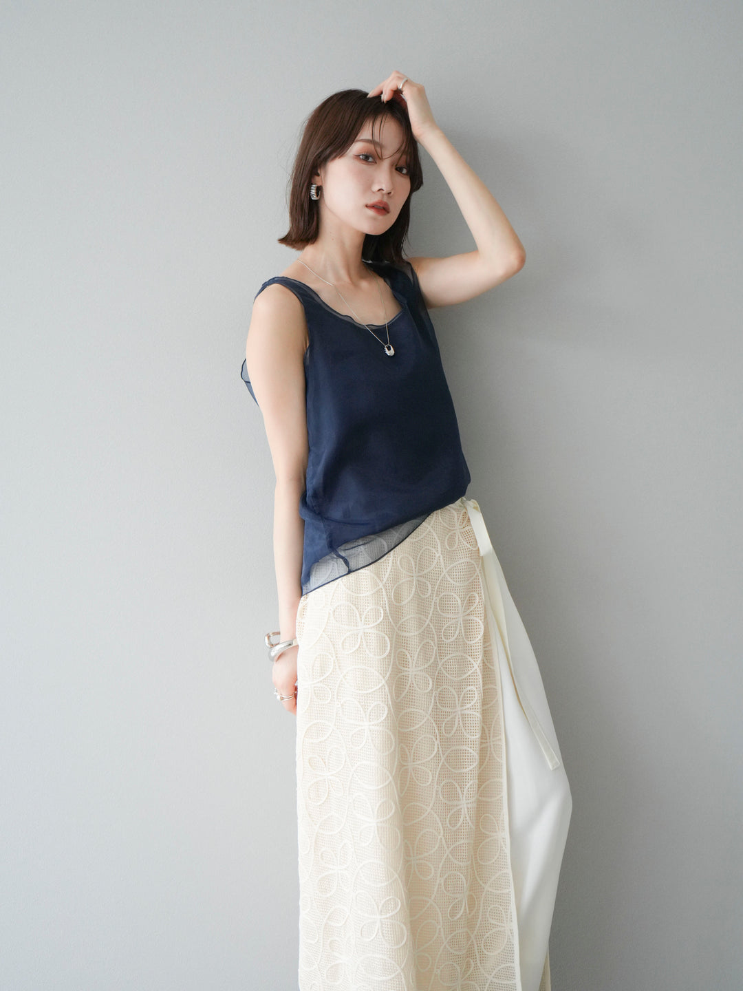 [予約]オーガンジーレイヤードタンクトップ/ネイビー