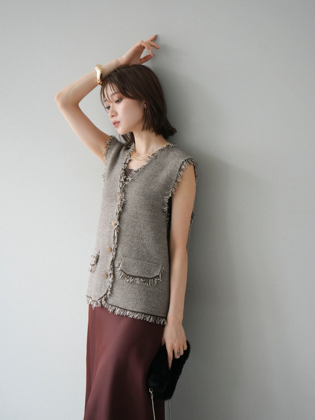 [予約]ツイードライクフリンジニットベスト/ブラウン