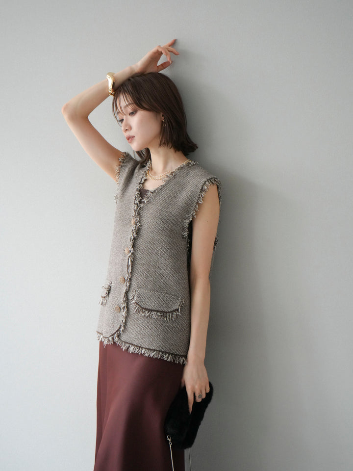 [予約]ツイードライクフリンジニットベスト/ブラウン