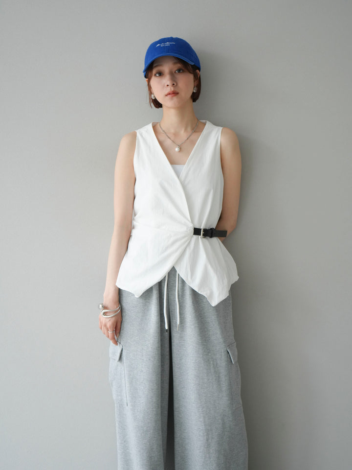 [SET]ベルトデザインバルーンブラウス+ウエストラインサイドポケットスウェットパンツ(2set)